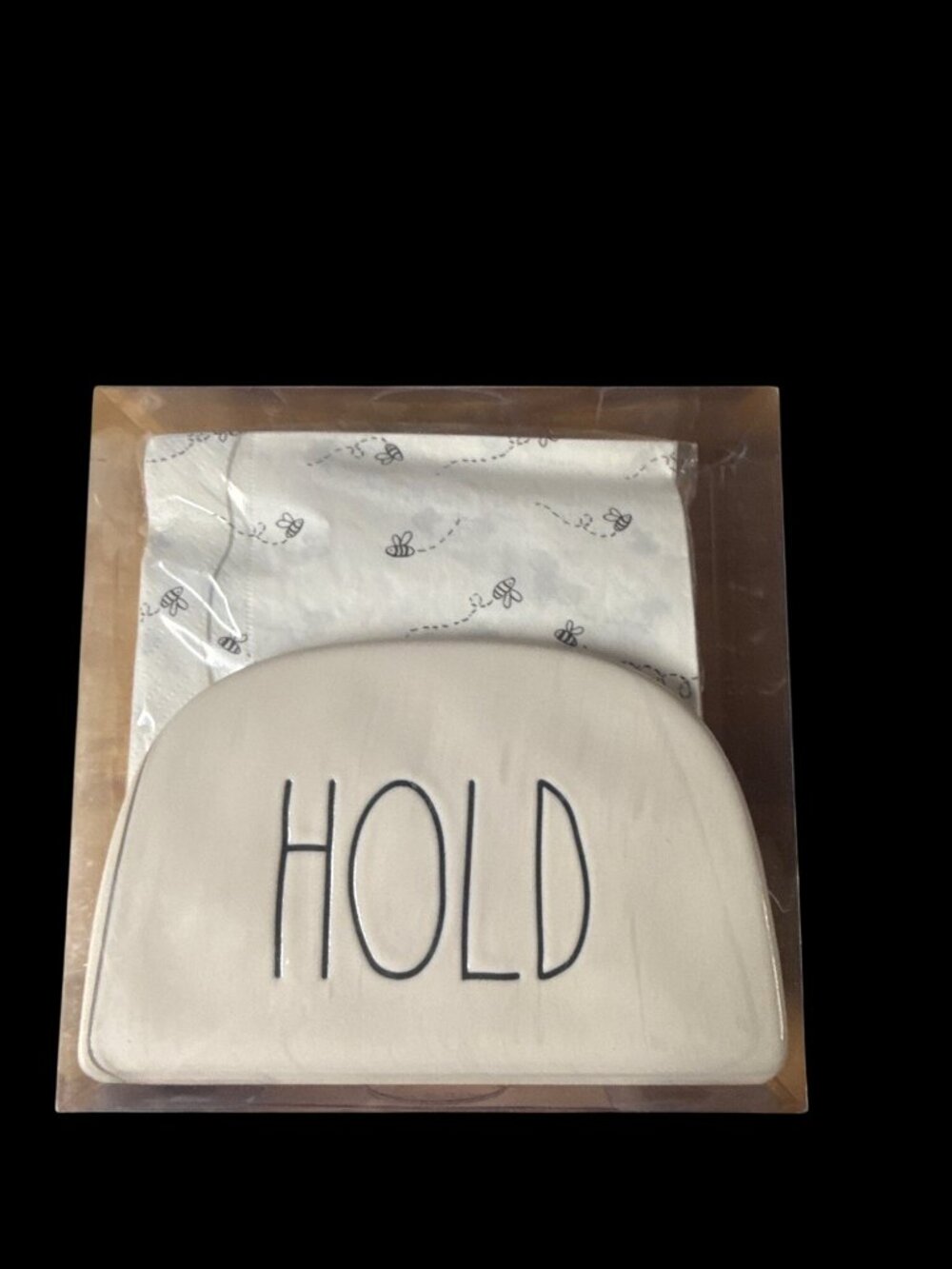 Rae Dunn “HOLD” Ceramic Tissue Box Cover w/ Bee Print Napkins Beige Artisan New